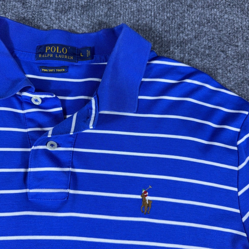 Polo Ralph Lauren Mens Large Blue White Striped Pima Soft Touch Polo Shirt L - Picture 2 of 10